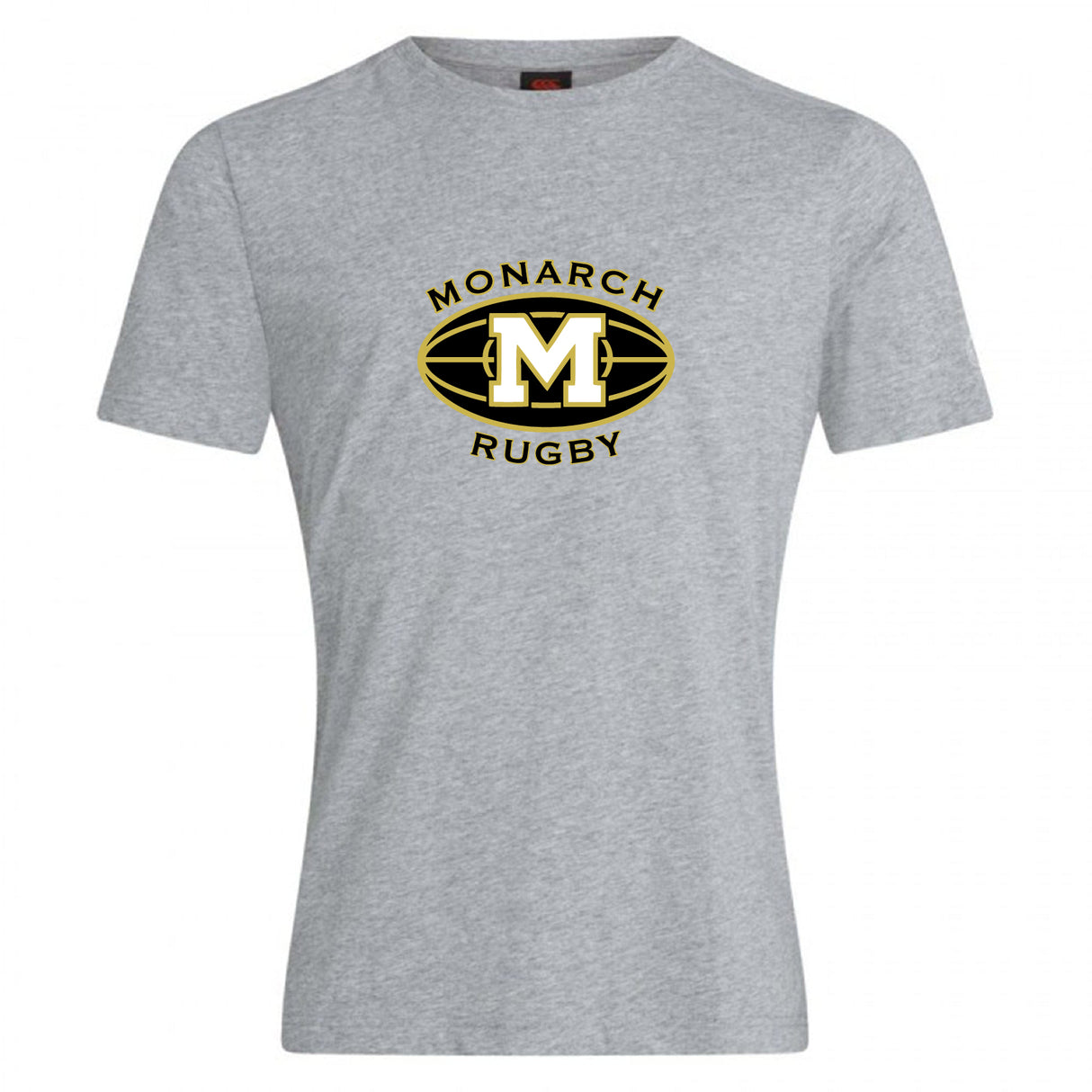The Monarch Rugby Club Plain Tee by WRS Canterbury is a gray cotton-blend shirt featuring a black and gold “Monarch Rugby” logo with a large “M” in an oval rugby-ball design at the chest—a stylish customizable option for fans.