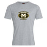 The Monarch Rugby Club Plain Tee by WRS Canterbury is a gray cotton-blend shirt featuring a black and gold “Monarch Rugby” logo with a large “M” in an oval rugby-ball design at the chest—a stylish customizable option for fans.