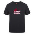 The Guilford College Club Plain Tee by WRS Canterbury is a black cotton-blend shirt with a maroon rugby ball graphic and "Quaker Rugby" in white on the front.