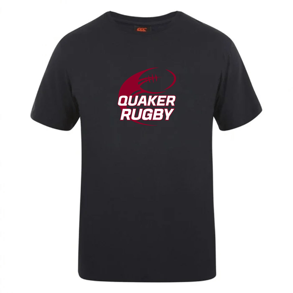 The Guilford College Club Plain Tee by WRS Canterbury is a black cotton-blend shirt with a maroon rugby ball graphic and "Quaker Rugby" in white on the front.