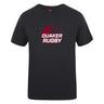The Guilford College Club Plain Tee by WRS Canterbury is a black cotton-blend shirt with a maroon rugby ball graphic and "Quaker Rugby" in white on the front.