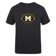 The Monarch Rugby Club Plain Tee by WRS Canterbury is a black cotton-blend T-shirt featuring a yellow and white "Monarch Rugby" logo with a large M inside an oval on the front.