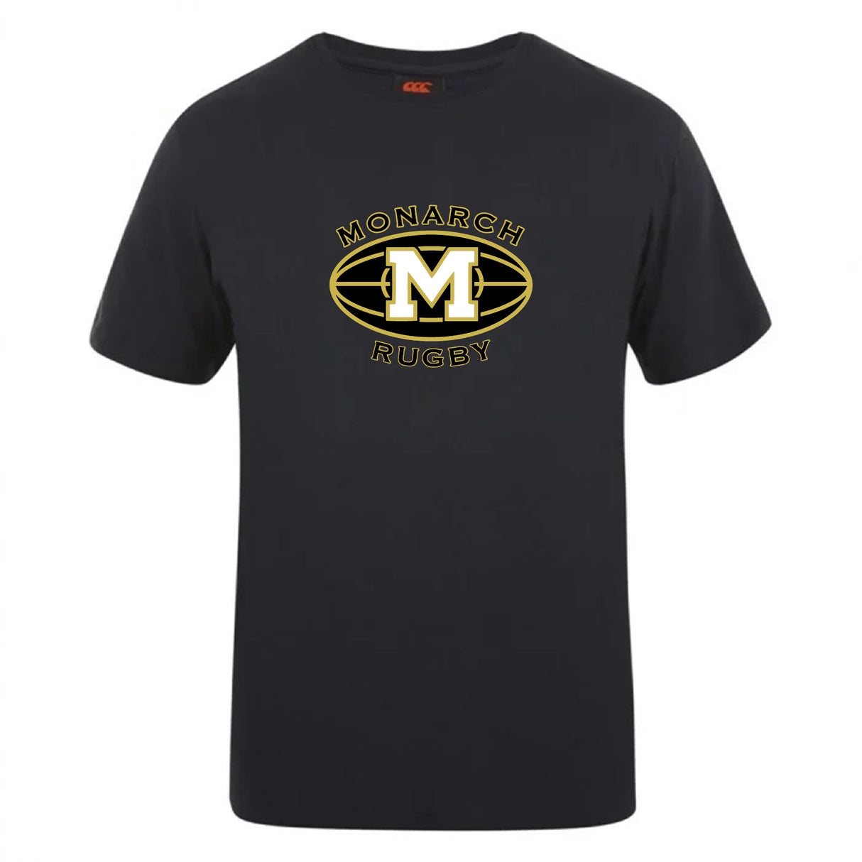 The Monarch Rugby Club Plain Tee by WRS Canterbury is a black cotton-blend T-shirt featuring a yellow and white "Monarch Rugby" logo with a large M inside an oval on the front.