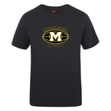 The Monarch Rugby Club Plain Tee by WRS Canterbury is a black cotton-blend T-shirt featuring a yellow and white "Monarch Rugby" logo with a large M inside an oval on the front.