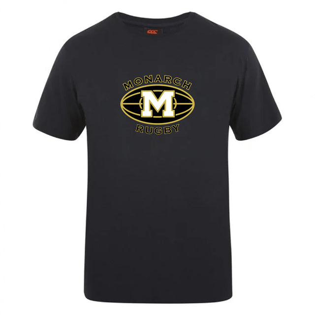 The Monarch Rugby Club Plain Tee by WRS Canterbury is a black cotton-blend T-shirt featuring a yellow and white "Monarch Rugby" logo with a large M inside an oval on the front.