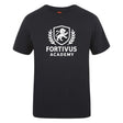 The Fortivus Academy Club Plain Tee by WRS Canterbury is a black cotton blend t-shirt featuring a white lion crest logo and "FORTIVUS ACADEMY" on the front. This customizable tee combines comfort and style for any occasion.