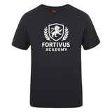 The Fortivus Academy Club Plain Tee by WRS Canterbury is a black cotton blend t-shirt featuring a white lion crest logo and "FORTIVUS ACADEMY" on the front. This customizable tee combines comfort and style for any occasion.