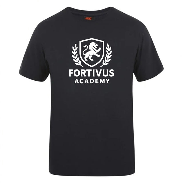 The Fortivus Academy Club Plain Tee by WRS Canterbury is a black cotton blend t-shirt featuring a white lion crest logo and "FORTIVUS ACADEMY" on the front. This customizable tee combines comfort and style for any occasion.