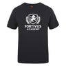 The Fortivus Academy Club Plain Tee by WRS Canterbury is a black cotton blend t-shirt featuring a white lion crest logo and "FORTIVUS ACADEMY" on the front. This customizable tee combines comfort and style for any occasion.
