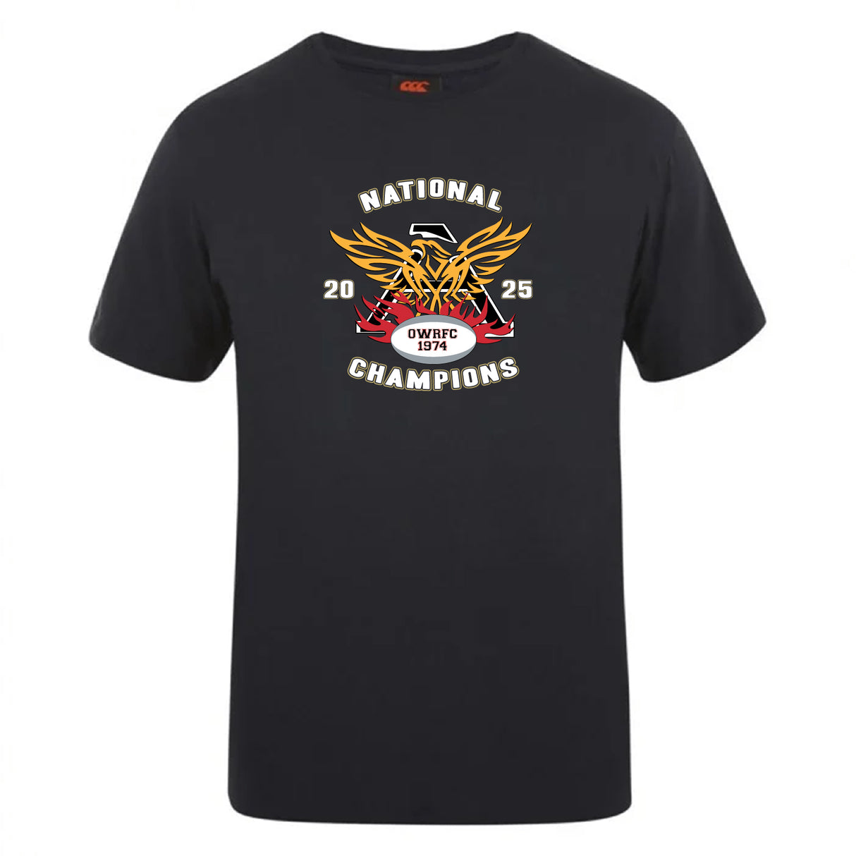 The WRS Canterbury Atlanta Old White Rugby Champs Club Plain Tee features a black cotton blend, "National Champions 2025," and an eagle logo—customizable for ultimate team pride.