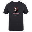 The Lincoln Wolves Club Plain Tee by WRS Canterbury is a black cotton blend shirt featuring a stylized wolf head logo above "Lincoln Wolves Rugby" in red and white.