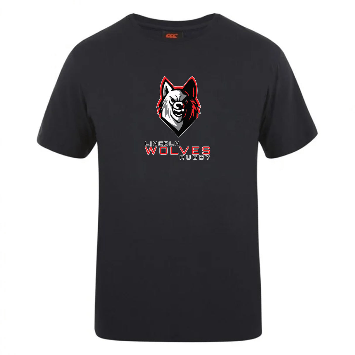 The Lincoln Wolves Club Plain Tee by WRS Canterbury is a black cotton blend shirt featuring a stylized wolf head logo above "Lincoln Wolves Rugby" in red and white.