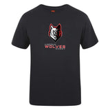 The Lincoln Wolves Club Plain Tee by WRS Canterbury is a black cotton blend shirt featuring a stylized wolf head logo above "Lincoln Wolves Rugby" in red and white.