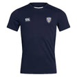 The Franklin County High School Rugby Club Dry Tee by EMB Canterbury is a navy short-sleeve Vapodri sports jersey with "Canterbury" on the right chest and "Flyen RFC" badge on the left, designed for breathability.