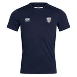 The Franklin County High School Rugby Club Dry Tee by EMB Canterbury is a navy short-sleeve Vapodri sports jersey with "Canterbury" on the right chest and "Flyen RFC" badge on the left, designed for breathability.