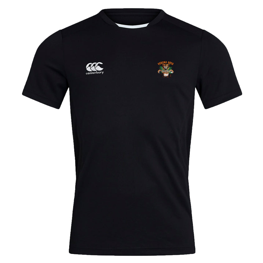 The Verona Area Rugby Club Dry Tee by EMB Canterbury is a black short-sleeve featuring the logo on the left chest and a crest on the right. Enhanced with Vapodri Technology for superior comfort, it includes zoned mesh panelling for optimized breathability.