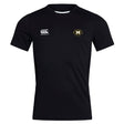 The Monarch Rugby Club Club Dry Tee by EMB Canterbury is a black, short-sleeved shirt with Vapodri Technology for breathability, a white Canterbury logo on the right chest, and a gold and black "M" emblem on the left.
