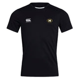The Monarch Rugby Club Club Dry Tee by EMB Canterbury is a black, short-sleeved shirt with Vapodri Technology for breathability, a white Canterbury logo on the right chest, and a gold and black "M" emblem on the left.