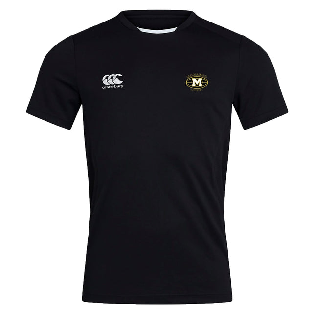 The Monarch Rugby Club Club Dry Tee by EMB Canterbury is a black, short-sleeved shirt with Vapodri Technology for breathability, a white Canterbury logo on the right chest, and a gold and black "M" emblem on the left.
