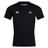The Monarch Rugby Club Club Dry Tee by EMB Canterbury is a black, short-sleeved shirt with Vapodri Technology for breathability, a white Canterbury logo on the right chest, and a gold and black "M" emblem on the left.