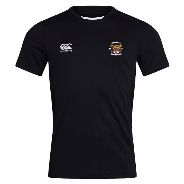The Atlanta Old White Rugby Champs Club Dry Tee by EMB Canterbury is a black short-sleeve shirt with a white Canterbury logo on the right chest, an embroidered crest on the left, and Vapodri Technology for cool, comfortable workouts.