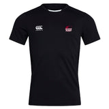 The Guilford College Club Dry Tee by EMB Canterbury is a black short-sleeve shirt featuring the Canterbury logo on the right chest and "Quaker Rugby" with a red emblem on the left, made with breathable Vapodri Technology for comfort.
