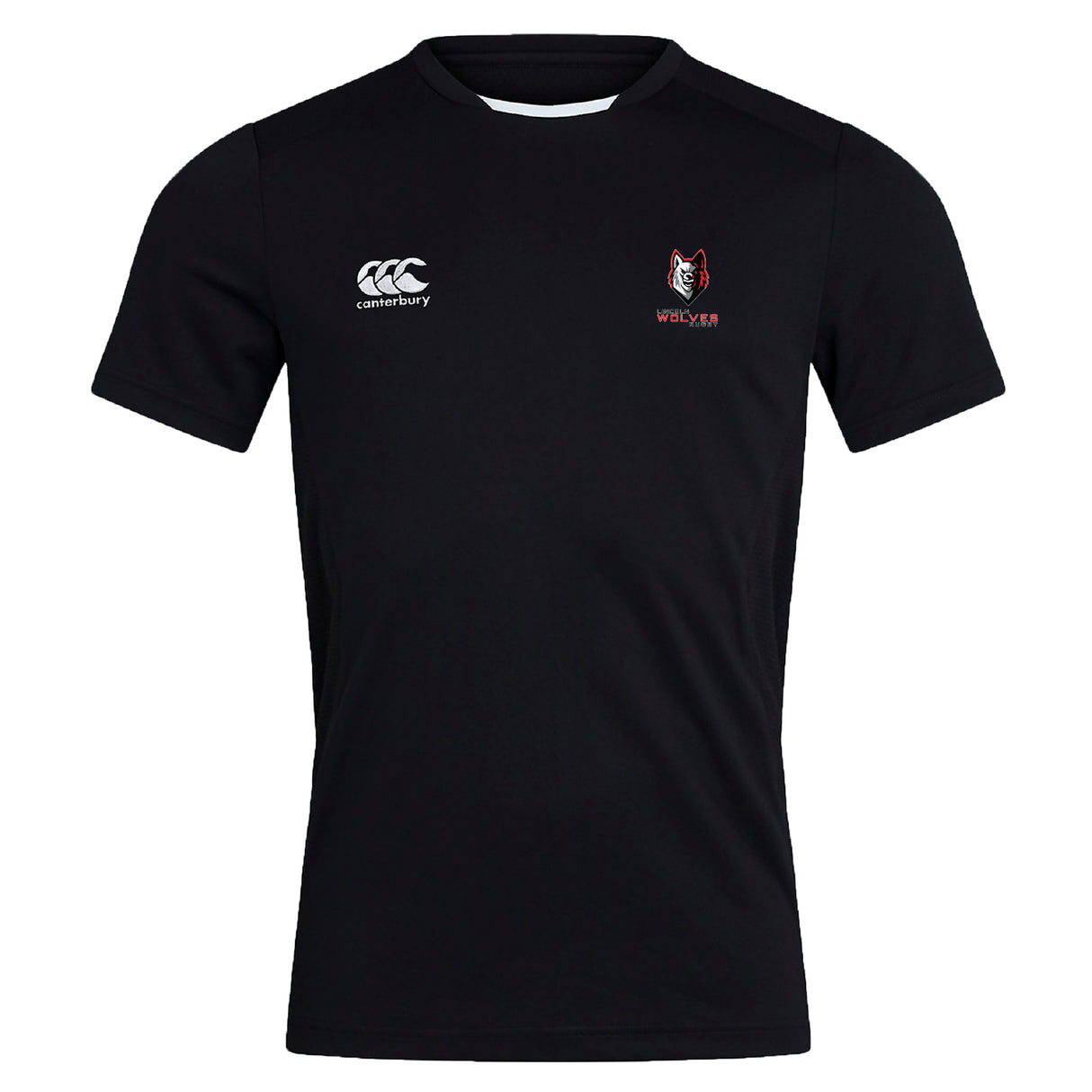 The Lincoln Wolves Club Dry Tee by EMB Canterbury is a black short-sleeve shirt with a white Canterbury logo on the right chest and a "WOLVES" wolf head emblem on the left, featuring Vapodri Technology for breathability.