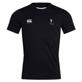 The Lincoln Wolves Club Dry Tee by EMB Canterbury is a black short-sleeve shirt with a white Canterbury logo on the right chest and a "WOLVES" wolf head emblem on the left, featuring Vapodri Technology for breathability.