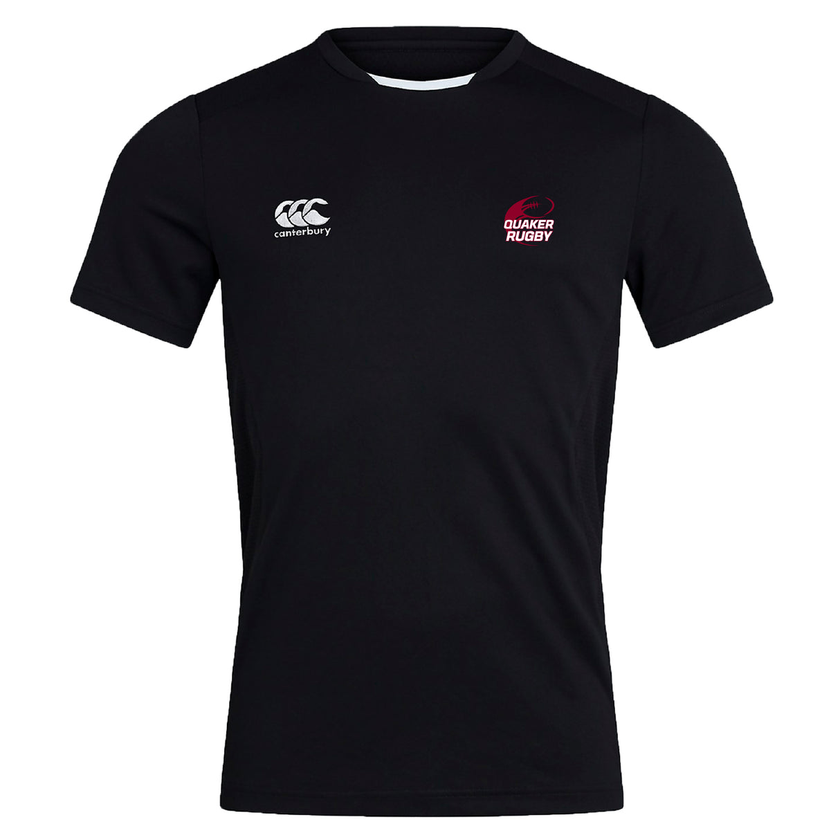 The Guilford College Women's Elite Training Tee by WRS Canterbury is a black, short-sleeve top with Canterbury and Quaker Rugby logos on the chest. This breathable tee is ideal for intense workouts, shown here against a white background.