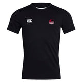The Guilford College Women's Elite Training Tee by WRS Canterbury is a black, short-sleeve top with Canterbury and Quaker Rugby logos on the chest. This breathable tee is ideal for intense workouts, shown here against a white background.
