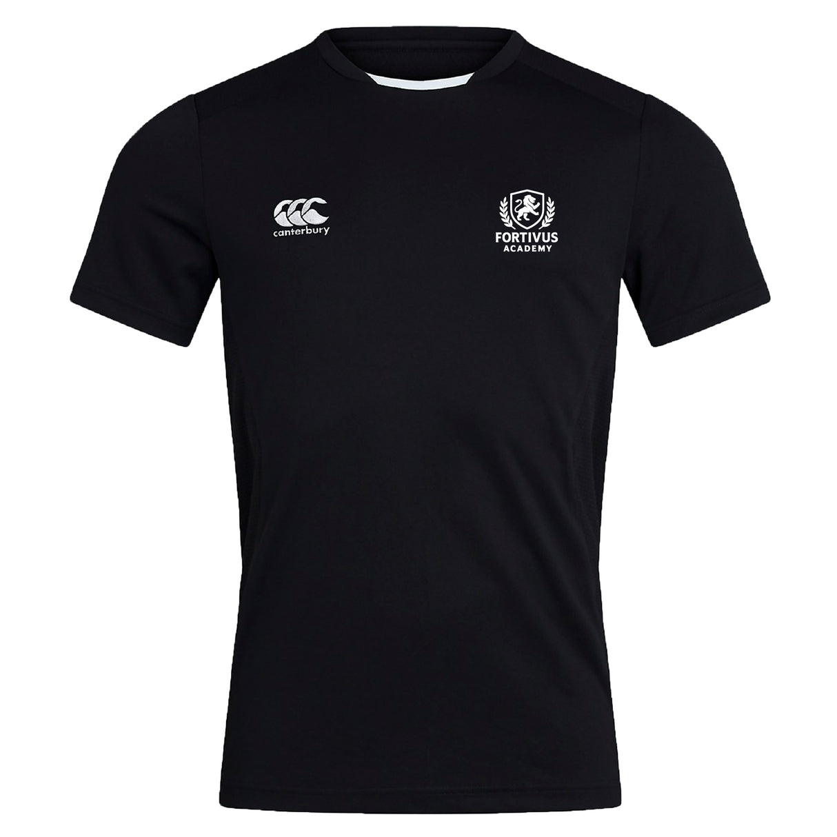 The Fortivus Academy Club Dry Tee by EMB Canterbury is a black short-sleeve shirt with Vapodri Technology, a white Canterbury logo on the right chest, and the Fortivus Academy crest on the left.