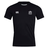The Fortivus Academy Club Dry Tee by EMB Canterbury is a black short-sleeve shirt with Vapodri Technology, a white Canterbury logo on the right chest, and the Fortivus Academy crest on the left.
