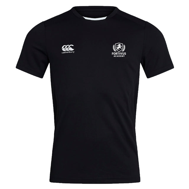 The Fortivus Academy Club Dry Tee by EMB Canterbury is a black short-sleeve shirt with Vapodri Technology, a white Canterbury logo on the right chest, and the Fortivus Academy crest on the left.