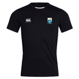 The Las Colinas Rugby Club Dry Tee by EMB Canterbury is a black short-sleeved shirt with a white Canterbury logo on the right chest and a blue/yellow crest on the left, designed for breathable comfort during workouts.