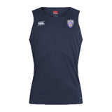 The Franklin County High School Rugby Club Dry Singlet by EMB Canterbury is a navy sleeveless athletic shirt with club crest and brand logos on the chest, made with Vapodri Technology for comfort—perfect for performance.