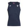 The Franklin County High School Rugby Club Dry Singlet by EMB Canterbury is a navy sleeveless athletic shirt with club crest and brand logos on the chest, made with Vapodri Technology for comfort—perfect for performance.