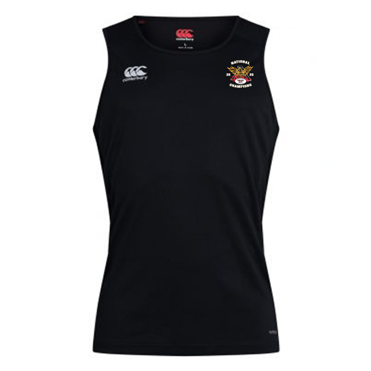 The Atlanta Old White Rugby Champs Club Dry Singlet by EMB Canterbury is a black sleeveless top with Vapodri Technology, a white Canterbury logo on the chest, and a "National Champions" badge—perfect performance gear for champions.