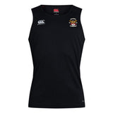 The Atlanta Old White Rugby Champs Club Dry Singlet by EMB Canterbury is a black sleeveless top with Vapodri Technology, a white Canterbury logo on the chest, and a "National Champions" badge—perfect performance gear for champions.