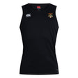 The EMB Canterbury Verona Area Rugby Club Dry Singlet is a black sleeveless athletic tank with Vapodri Technology, a white Canterbury logo on the right shoulder, and a colorful emblem on the left chest, making it ideal for fitness enthusiasts.