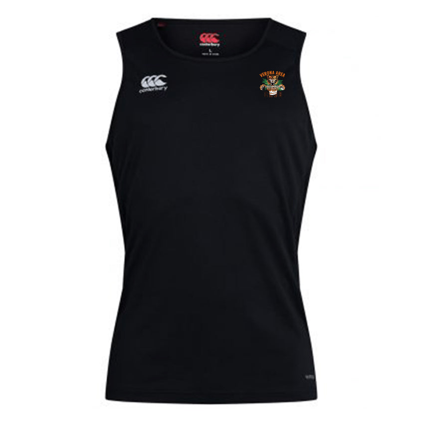 The EMB Canterbury Verona Area Rugby Club Dry Singlet is a black sleeveless athletic tank with Vapodri Technology, a white Canterbury logo on the right shoulder, and a colorful emblem on the left chest, making it ideal for fitness enthusiasts.
