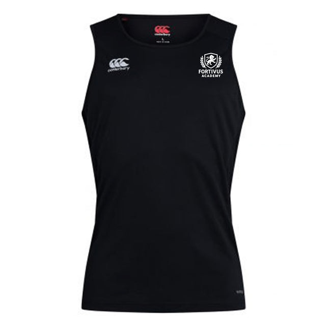 The Fortivus Academy Club Dry Singlet by EMB Canterbury is a sleeveless black athletic top with the Fortivus Academy logo on the left chest, Canterbury logo on the right, and Vapodri Technology for enhanced performance.
