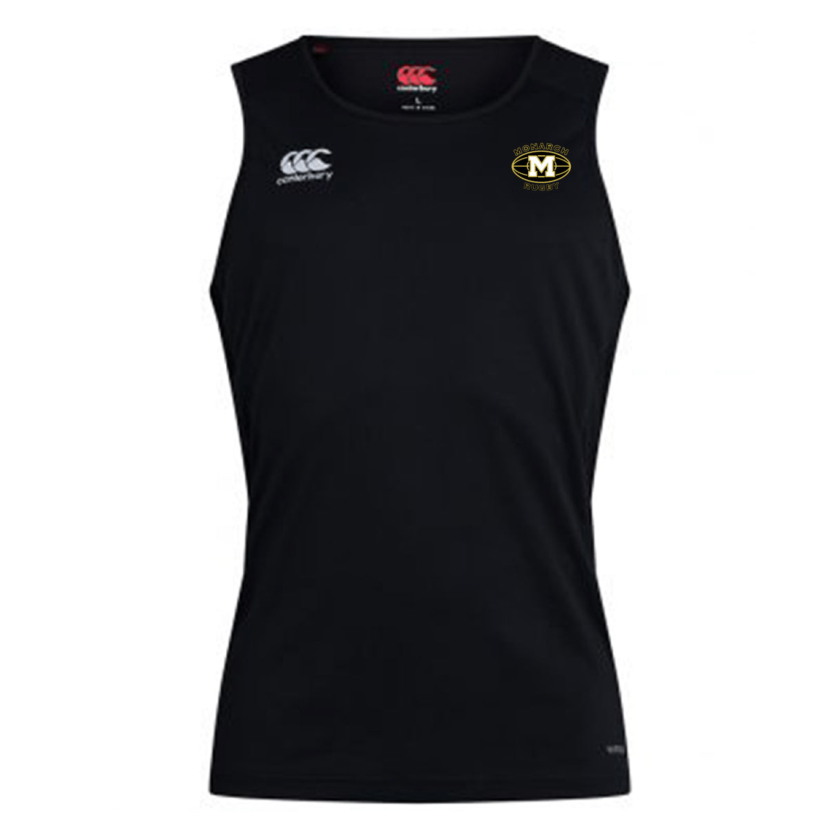 The Monarch Rugby Club Club Dry Singlet by EMB Canterbury is a black, sleeveless top with the Canterbury logo on the right chest and a circular "M" logo on the left—ideal for your athletic gear collection.