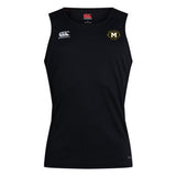 The Monarch Rugby Club Club Dry Singlet by EMB Canterbury is a black, sleeveless top with the Canterbury logo on the right chest and a circular "M" logo on the left—ideal for your athletic gear collection.