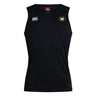 The Monarch Rugby Club Club Dry Singlet by EMB Canterbury is a black, sleeveless top with the Canterbury logo on the right chest and a circular "M" logo on the left—ideal for your athletic gear collection.