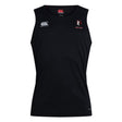 The Lincoln Wolves Club Dry Singlet by EMB Canterbury is a sleeveless black top with a small white Canterbury logo on the right chest and a red-and-white wolf logo above "WOLVES" on the left—ideal for athletic gear fans.