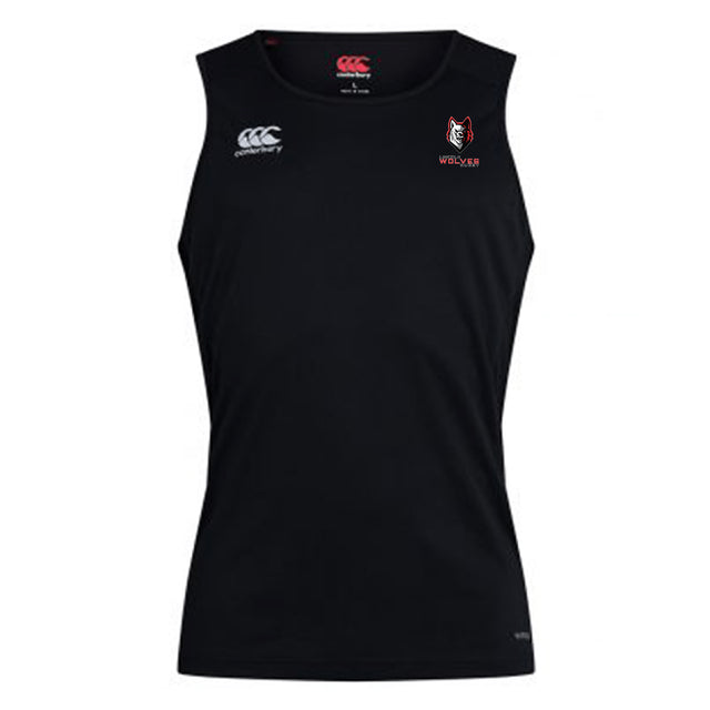 The Lincoln Wolves Club Dry Singlet by EMB Canterbury is a sleeveless black top with a small white Canterbury logo on the right chest and a red-and-white wolf logo above "WOLVES" on the left—ideal for athletic gear fans.