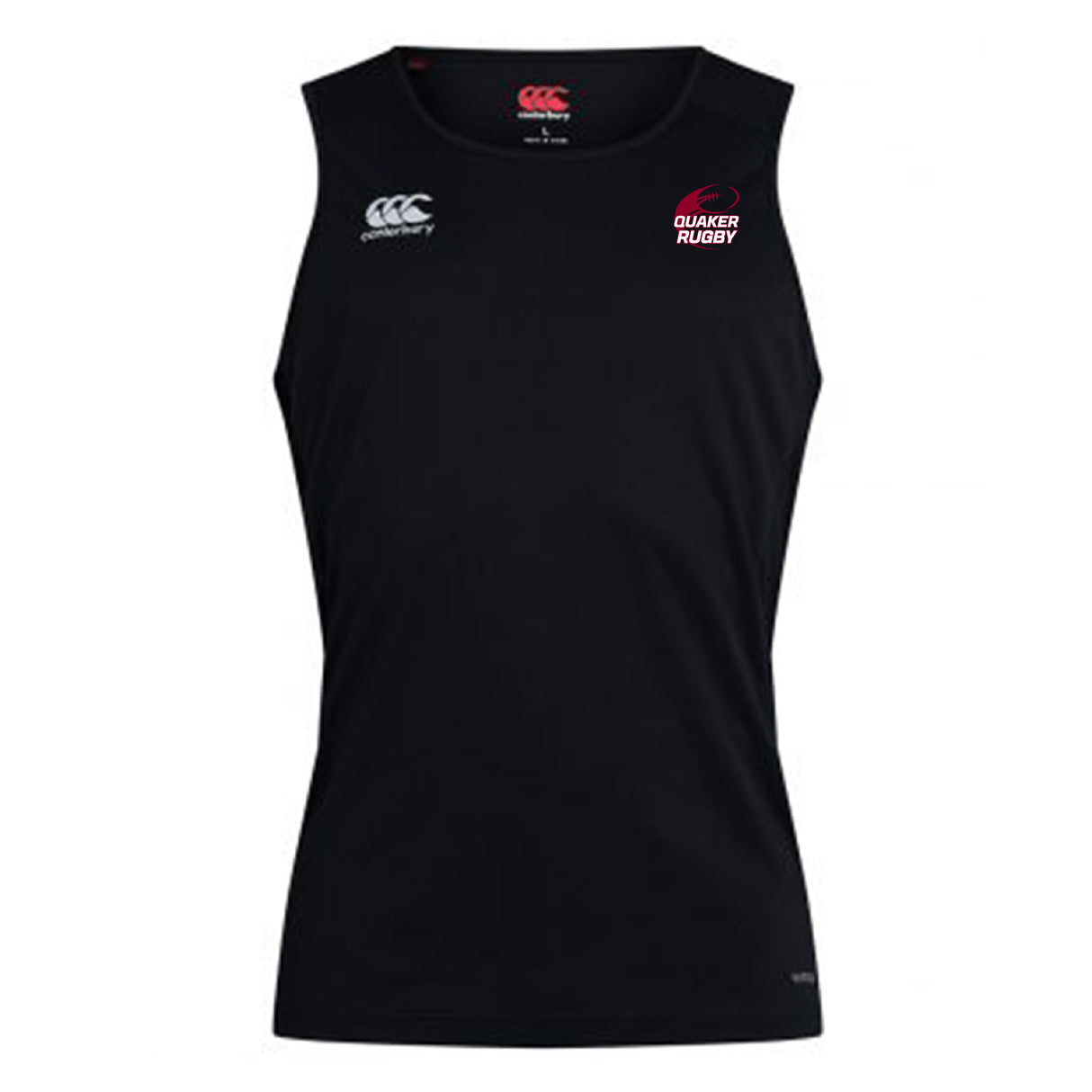 The Guilford College Club Dry Singlet by EMB Canterbury features Vapodri technology, a black design, the Canterbury logo on the right chest, and a Quaker Rugby logo on the left—perfect athletic gear.