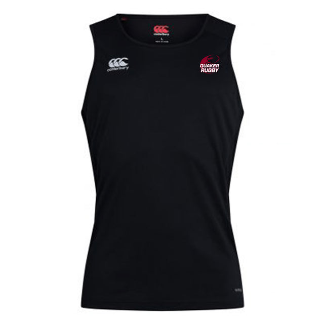 The Guilford College Club Dry Singlet by EMB Canterbury features Vapodri technology, a black design, the Canterbury logo on the right chest, and a Quaker Rugby logo on the left—perfect athletic gear.