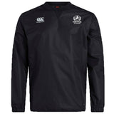 The Fortivus Academy Club Vaposhield Contact Top by EMB Canterbury is a black long-sleeve rugby top with Canterbury and Fortius Academy logos, made with Vaposhield technology for improved performance and comfort.
