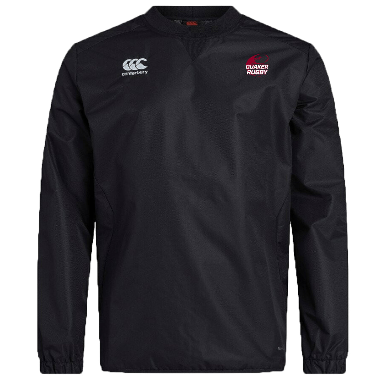 The Guilford College Club Vaposhield Contact Top by EMB Canterbury is a black long-sleeve top with club and brand logos on the chest, featuring Vaposhield technology for water repellency.